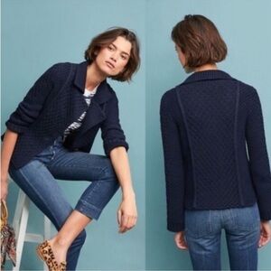 Anthropologie Maeve Navy Chunky Cable Knitted Blazer Cardigan Sweater Jacket XS